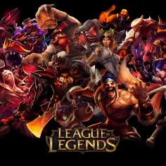 Wielu bohaterów League of Legends, gry, która powstała w 2009 roku, w dynamicznej kompozycji na czarnym tle.