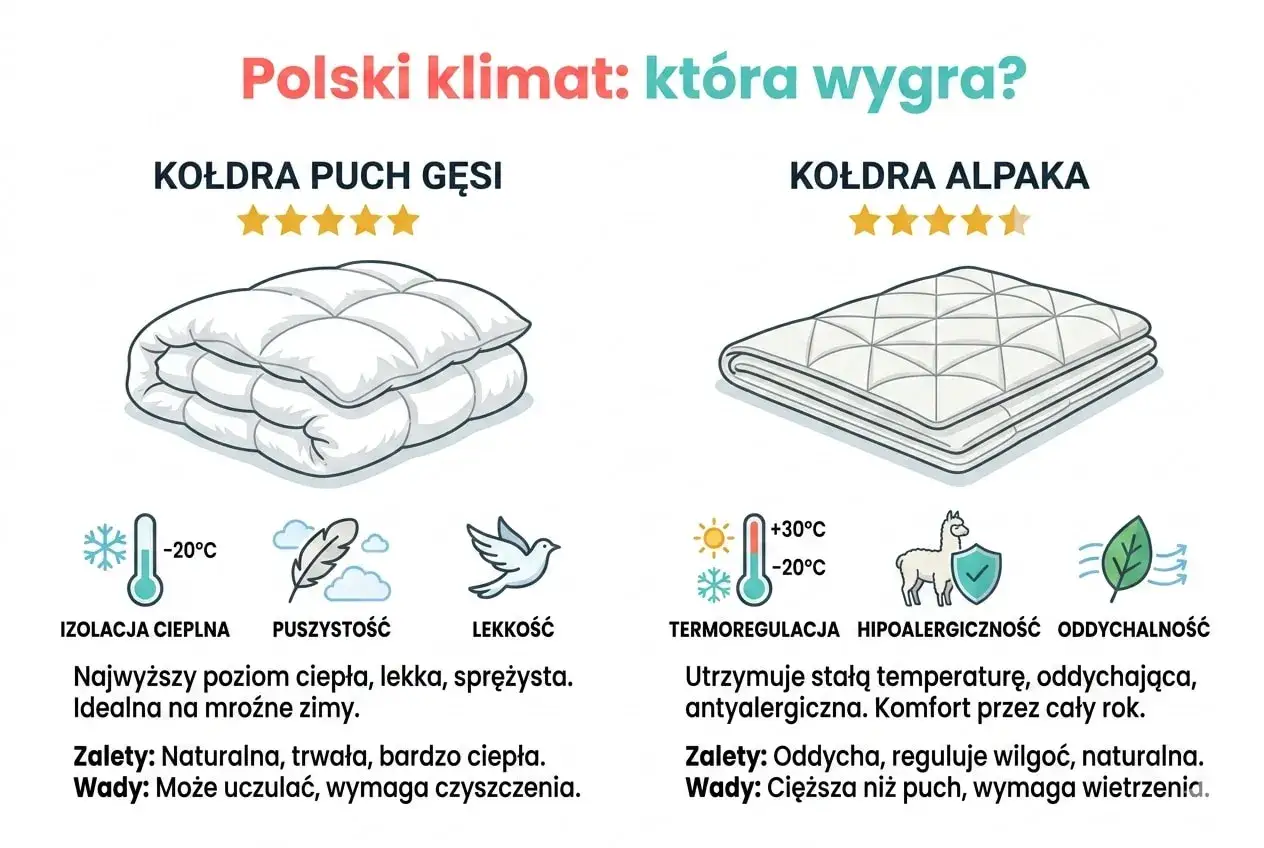 Jaka kołdra najlepsza na polski klimat? Porównanie kołdry z puchu gęsiego i alpaki. Wybierz idealną dla siebie!